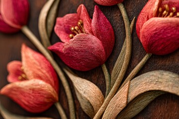 Detailed close-up view of intricately carved, textured tulips in deep red and muted peach tones, set against a dark brown wood background.