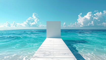Empty white platform on a wooden pier over turquoise ocean