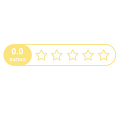 Flat yellow five star rating system icon with 0.0 score in box layout, customer feedback quality evaluation bar UI template, vector symbol isolated on transparent background, digital review platforms