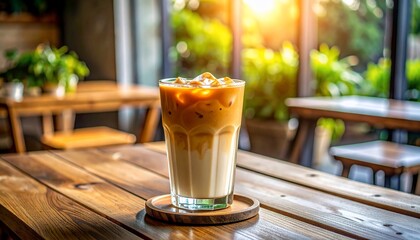 Obraz premium Iced Latte on Wooden Table in Sunny Cafe