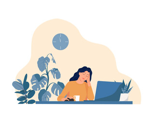 The concept of a home office. A woman working from home, a student, or a freelancer is sitting at the table. Comfortable organization of the workplace at home.
