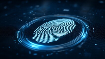 Obraz premium Hand Pressing Blue Futuristic Touchscreen Button with Digital Interface Background