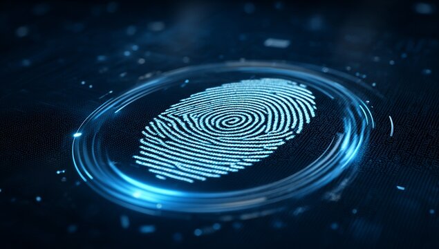 Hand Pressing Blue Futuristic Touchscreen Button with Digital Interface Background