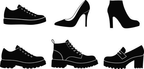 Shoes silhouette set, sneakers, women high heels, ankle boots, lace up boots, chunky loafers collection, fashion footwear vector illustration