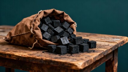 Close-up of black charcoal cubes spilling from a brown sack onto a rustic wooden table