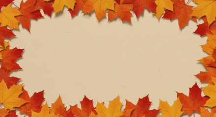 Seamless autumn background with red, orange and yellow maple leaves, paper texture, soft shadows, neutral warm tone