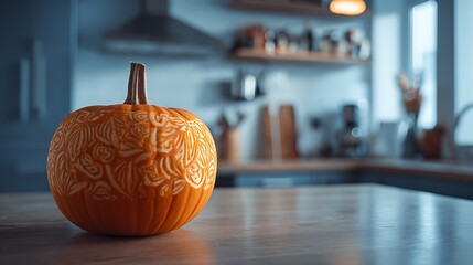 Fototapeta premium Ornate carved pumpkin sits on a kitchen counter with blurred background and soft studio lighting used
