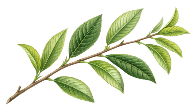 Tea plant branch leaves sprig botanical illustration detailed drawing Isolated on white background