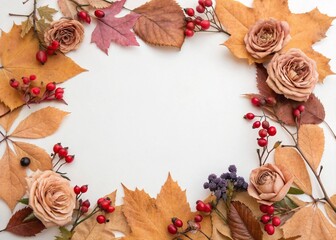 autumn leaves border, dry leaves of chestnut, maple and aspen lie on a white table