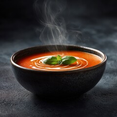 Steaming hot creamy tomato soup with a fresh basil garnish in a dark rustic bowl on a textured background.