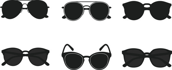 Silhouette set of stylish sunglasses in assorted frame shapes, fashion eyewear collection vector illustration