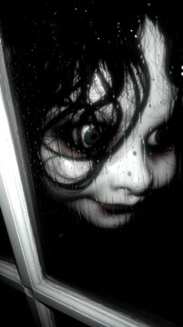 Scary ghost girl face pressing against a rainy window at night