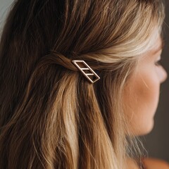 Stylish gold geometric hair clip in a woman's beautiful blonde highlighted hair.