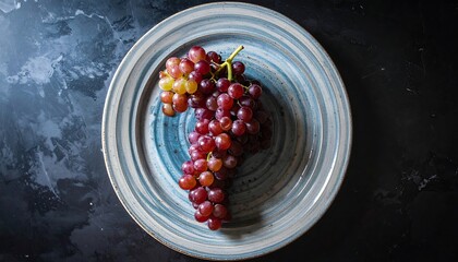A bunch of red grapes on a patterned plate, top-down view