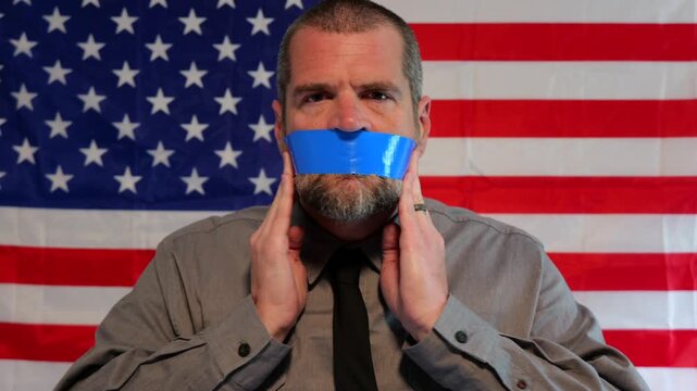 American Censorship Concept - Male Journalist or Politician - See no evil, Speak no evil, Hear no evil idea - Distracted Citizens