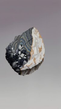 Rotating agate and crystal mineral specimen on a grey background