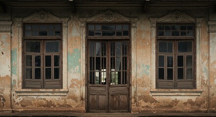 Abandoned Building Facade With Door and Windows Old Architecture