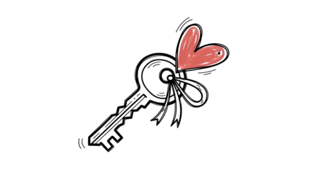 Hand drawn key with a heart isolated on transparent background, symbolizing love and romance, perfect for valentines day or wedding themed designs