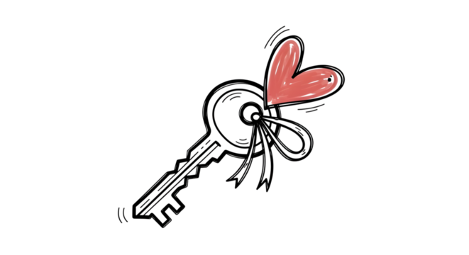 Hand drawn key with a heart isolated on transparent background, symbolizing love and romance, perfect for valentines day or wedding themed designs