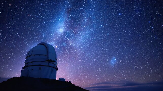 Observatory under a vibrant night sky filled with stars and galactic dust in shades of blue and purple