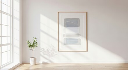 Modern interior with abstract art, plant, and sunlight from window