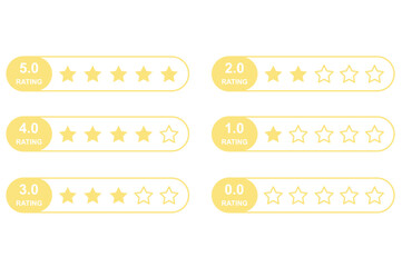 Vector rating stars set from zero to five with yellow rating labels, different star fill levels, customer satisfaction icons, user review elements, feedback ranking symbols on transparent background