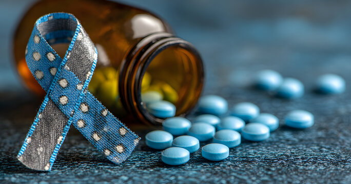 Ruban bleu de sensibilisation avec pilules et flacon, symbolisant la pr&eacute;vention et la lutte contre le cancer de la prostate, fond bleu avec espace n&eacute;gatif copyspace - mois de novembre