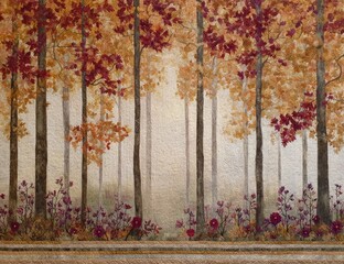 Autumn forest scene, misty morning light