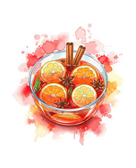 Vibrant watercolor of a warm, spiced fruit drink, with orange and lemon slices, cinnamon, and star anise in a glass bowl, featuring artistic red and orange splatters