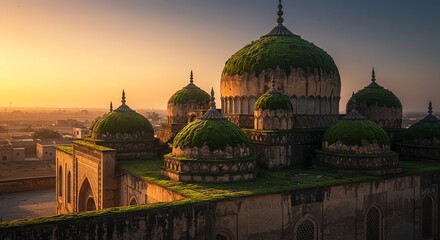 Fototapeta premium Ancient Islamic Architecture Moss Covered Domes Hyderabad India Sunset