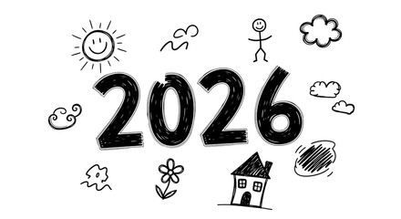 Handdrawn doodle illustration of the year 2026 with sun, clouds, stick figure, flower, and house isolated on transparent background vector design element