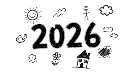 Handdrawn doodle illustration of the year 2026 with sun, clouds, stick figure, flower, and house isolated on transparent background vector design element