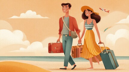 couple beach vacation luggage happy
