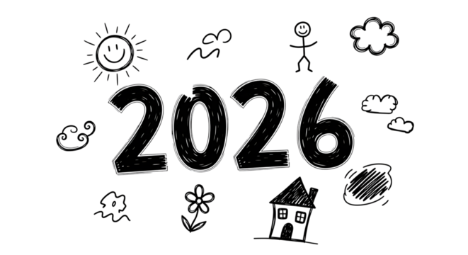 Handdrawn doodle illustration of the year 2026 with sun, clouds, stick figure, flower, and house isolated on transparent background vector design element