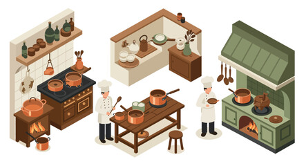 Isometric kitchen cooking scene with chefs and rustic décor