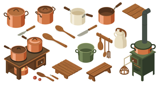 Isometric rustic kitchen tools and stove set with pots, pans, and wooden uten&hellip;