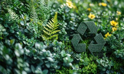 Lush green plants and foliage surrounding a recycle symbol
