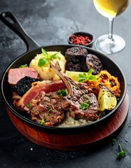 Fototapeta premium Gourmet platter of lamb, sausage, and vegetables
