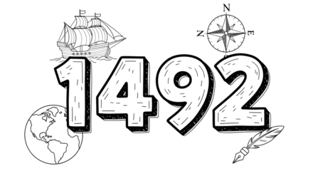 Illustration of the year 1492 with a ship, compass, globe, and quill, isolated on transparent background, symbolizing exploration and discovery