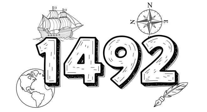 Illustration of the year 1492 with a ship, compass, globe, and quill, isolated on transparent background, symbolizing exploration and discovery