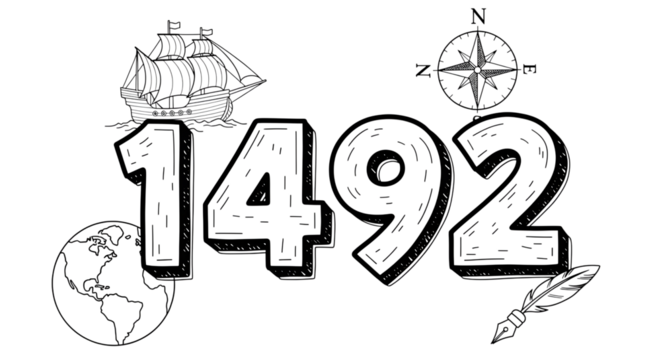 Illustration of the year 1492 with a ship, compass, globe, and quill, isolated on transparent background, symbolizing exploration and discovery - Powered by Adobe