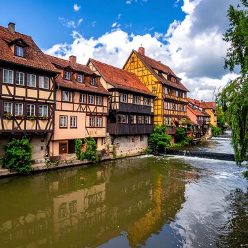 Quaint European riverfront houses