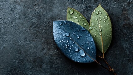 Three leaves with water droplets on dark textured surface