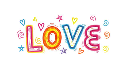Colorful handdrawn word love with hearts and stars isolated on transparent background fun and playful design for valentines day or any lovethemed project