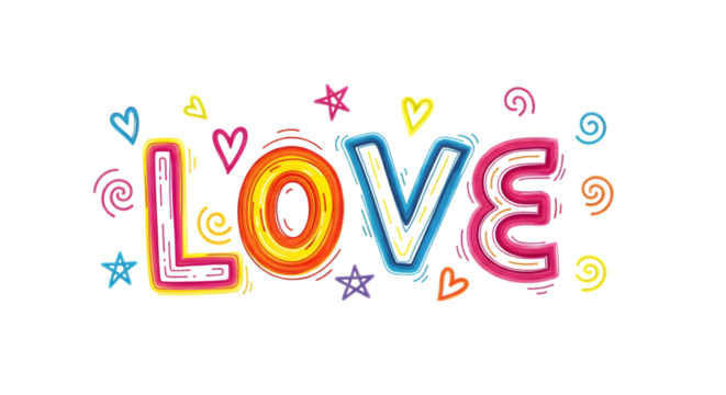 Colorful handdrawn word love with hearts and stars isolated on transparent background fun and playful design for valentines day or any lovethemed project