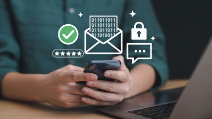 Digital Security: A person safeguarding personal data with a secure email and encrypted messaging application on their smartphone, highlighting modern online safety.