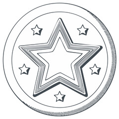 Obraz premium Sketchy illustration of a circle with layered star and smaller stars, symbol of achievement, reward, recognition; isolated design element.