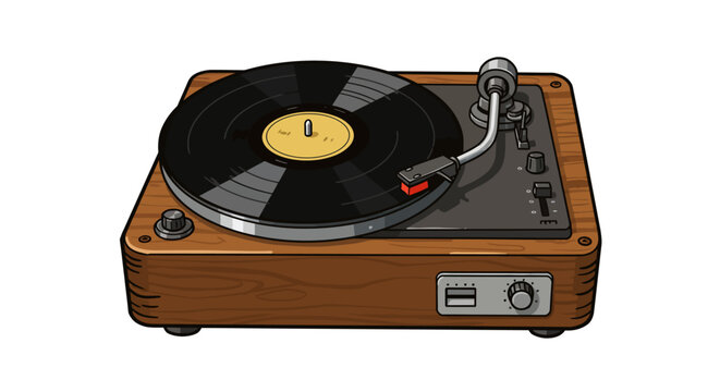 Retro vinyl turntable with wooden finish and stylized tonearm
