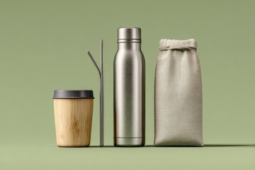 Sustainable Lifestyle: Bamboo Cup, Metal Water Bottle, and Reusable Bag