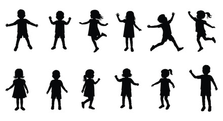 A collection of silhouetted children joyfully jumping and playing outside